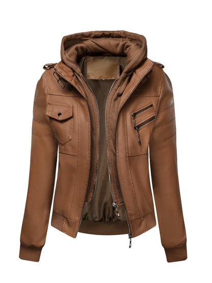 Women's Windproof Faux Leather Pullover Jacket detail view