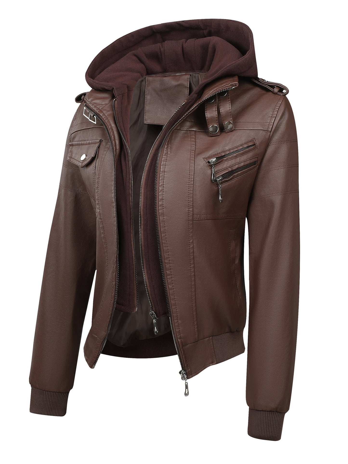 Women's Windproof Faux Leather Pullover Jacket detail view
