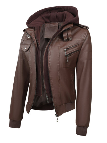 Women's Windproof Faux Leather Pullover Jacket detail view