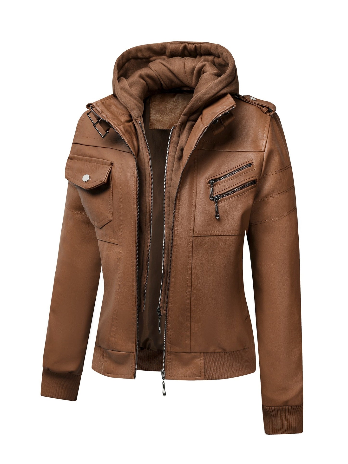 Women's Windproof Faux Leather Pullover Jacket detail view