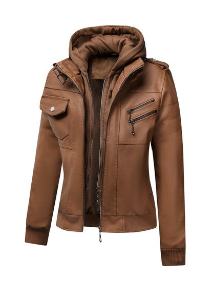 Women's Windproof Faux Leather Pullover Jacket detail view