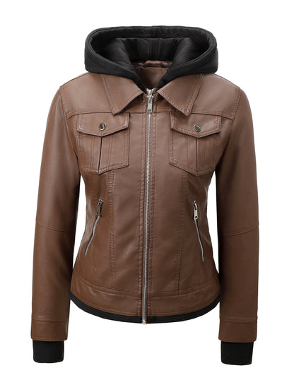 Women's Windproof Faux Leather Zip-Up Jacket detail view
