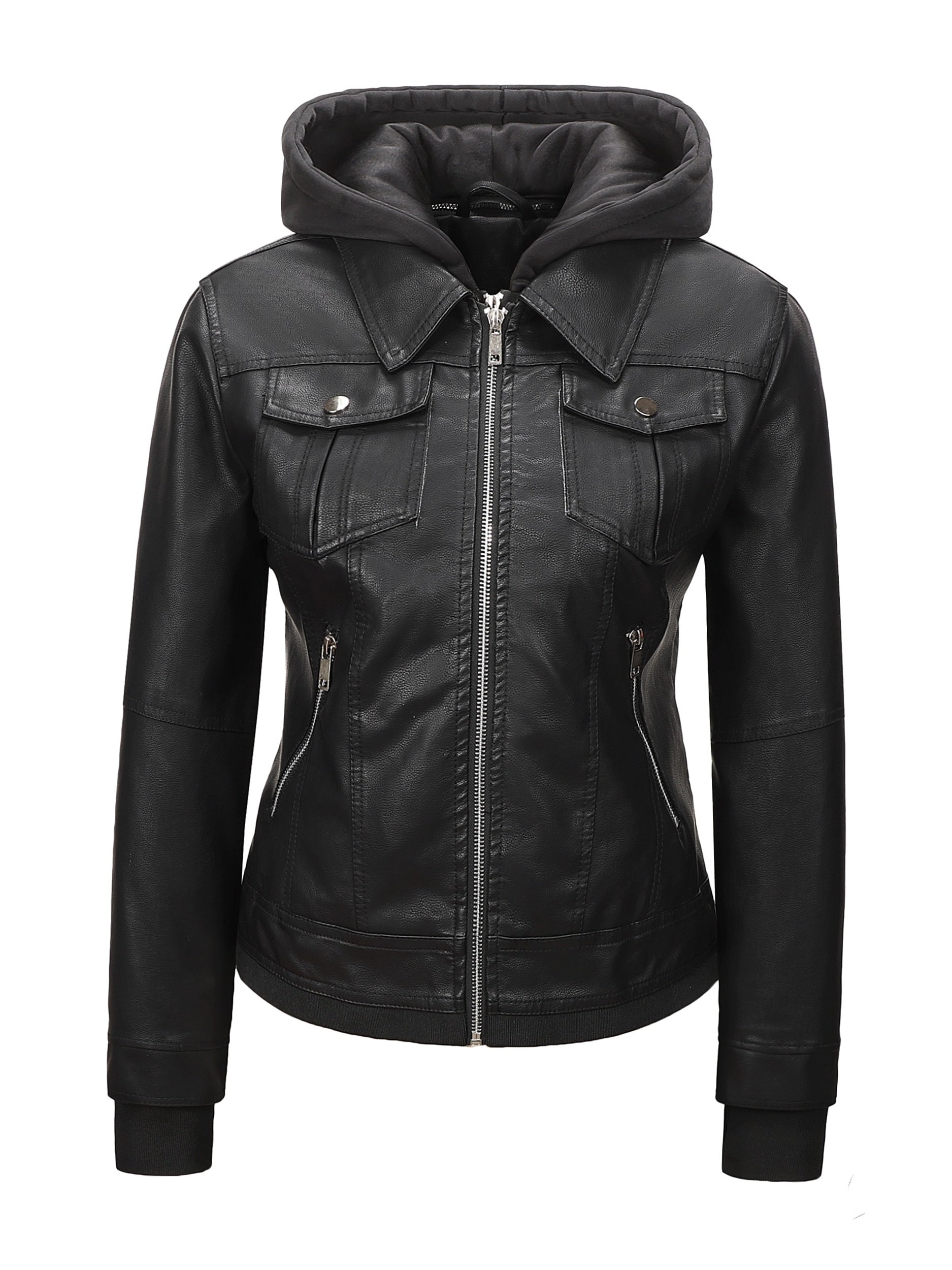 Women's Windproof Faux Leather Zip-Up Jacket detail view