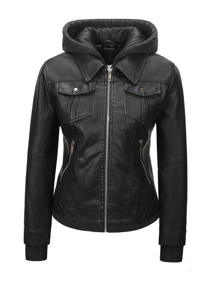Women's Windproof Faux Leather Zip-Up Jacket detail view