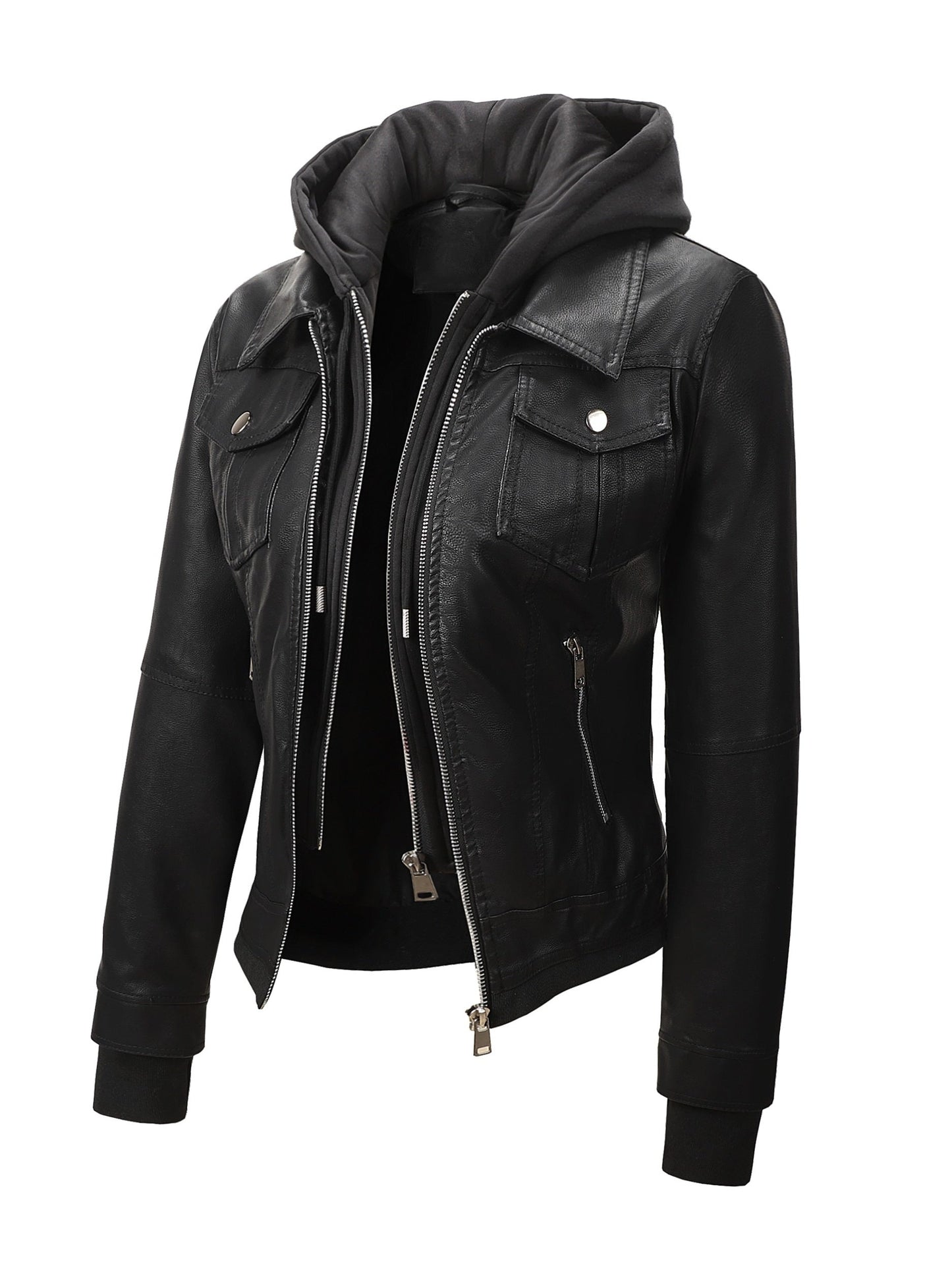 Women's Windproof Faux Leather Zip-Up Jacket detail view