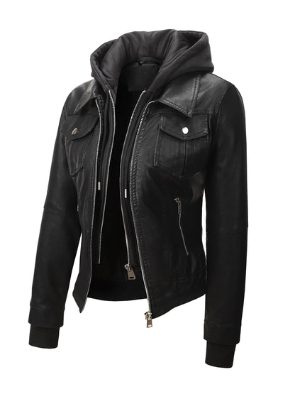 Women's Windproof Faux Leather Zip-Up Jacket detail view