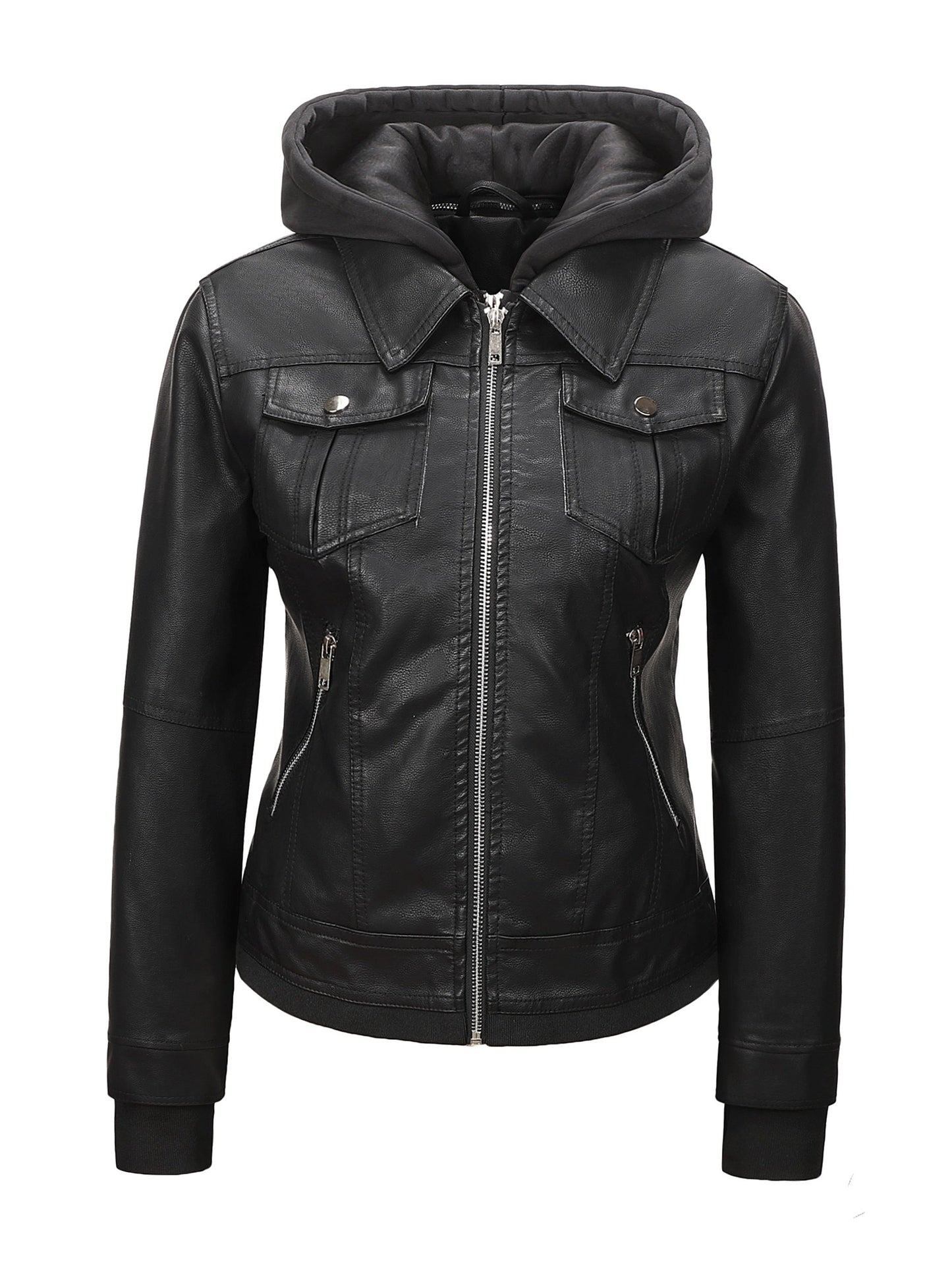Women's Windproof Faux Leather Zip-Up Jacket detail view