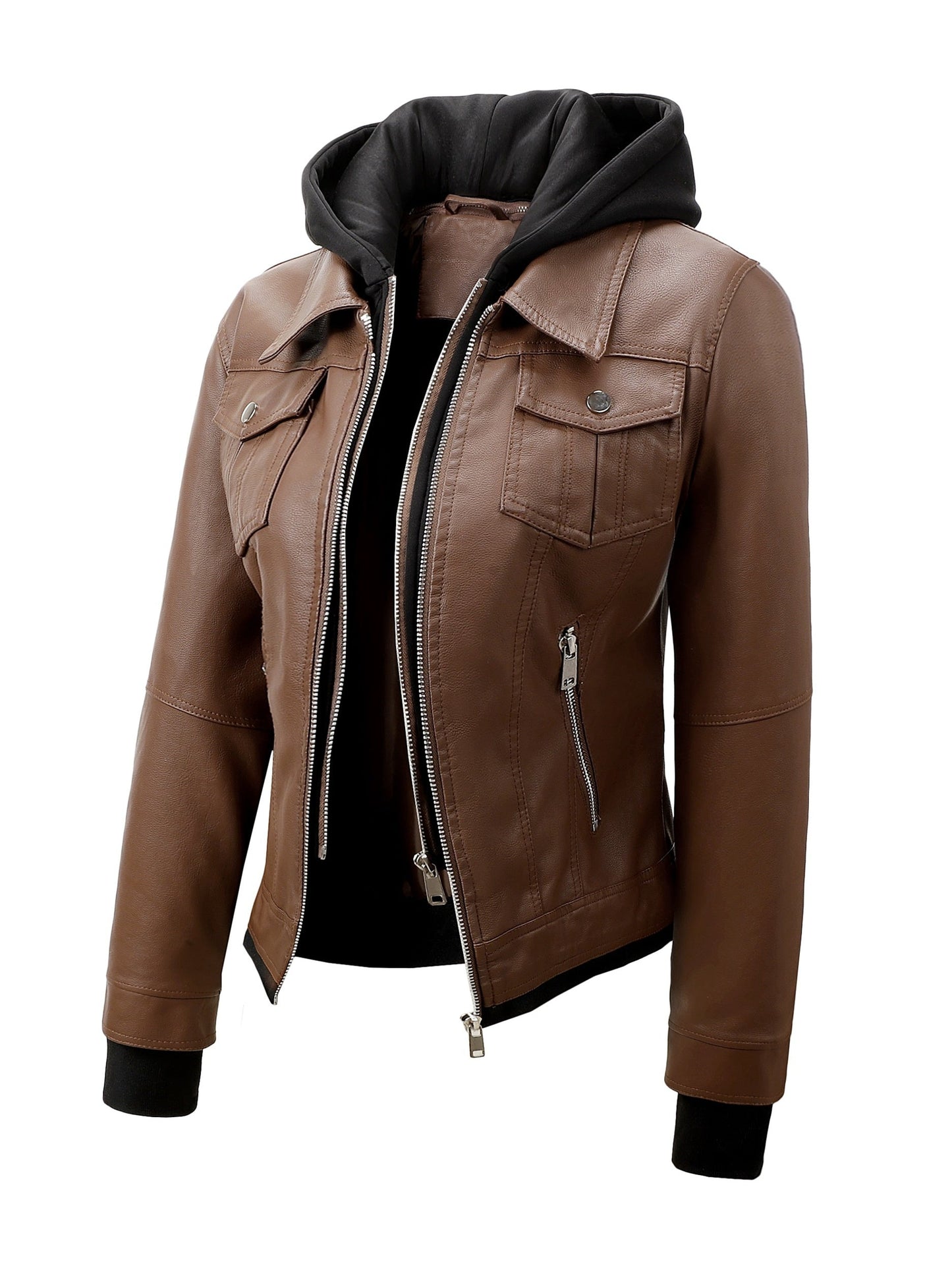 Women's Windproof Faux Leather Zip-Up Jacket – Black option – main product image
