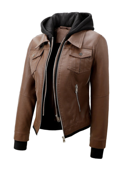 Women's Windproof Faux Leather Zip-Up Jacket – Black option – main product image