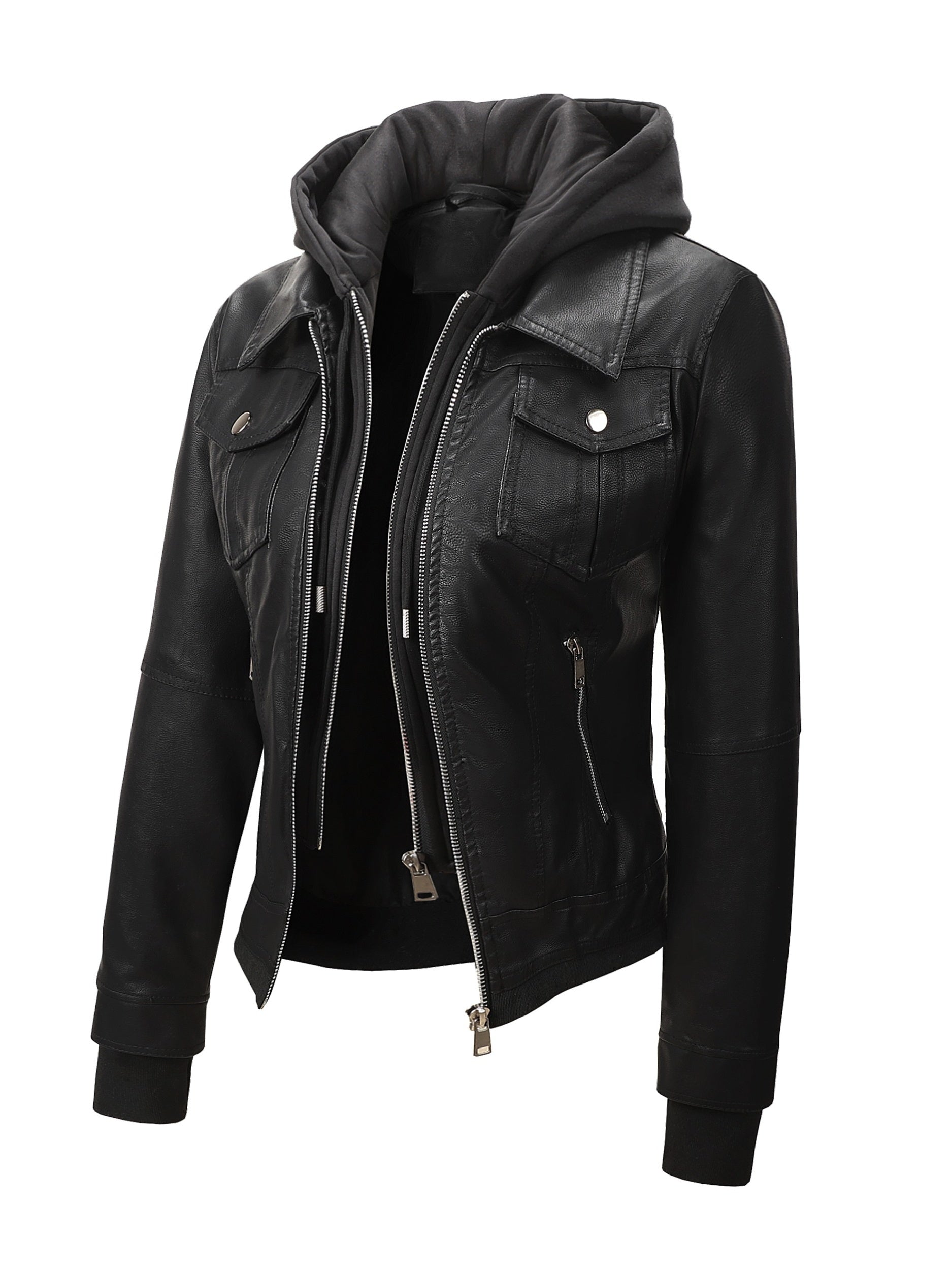Women's Windproof Faux Leather Zip-Up Jacket – Black option – view 2