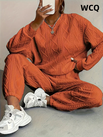 Women's Winter Sweatsuit Set - Solid Color Cozy Casual Matching Look detail view