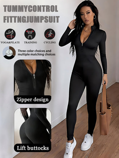 Women's Workout Jumpsuit - Skinny Leg Zip Detail – Black option – view 2