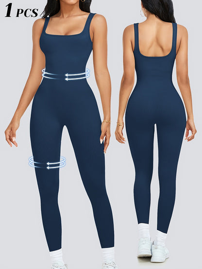Women's Workout Jumpsuit - Square Neck Full Length – Black option – main product image