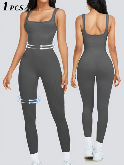 Women's Workout Jumpsuit - Square Neck Full Length – Black option – view 10