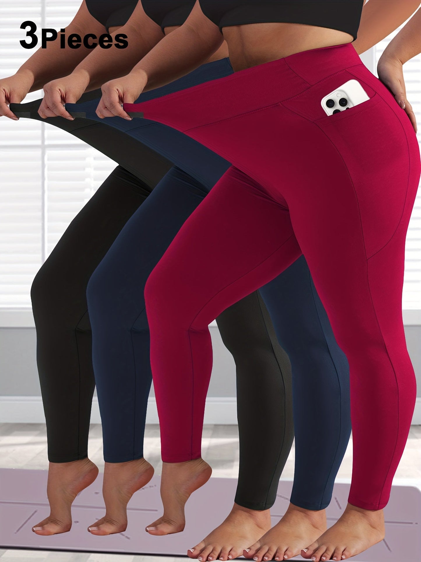 Women's Workout Leggings - 1 Black 1 Navy Blue 1 Wine Red Pockets – view 8