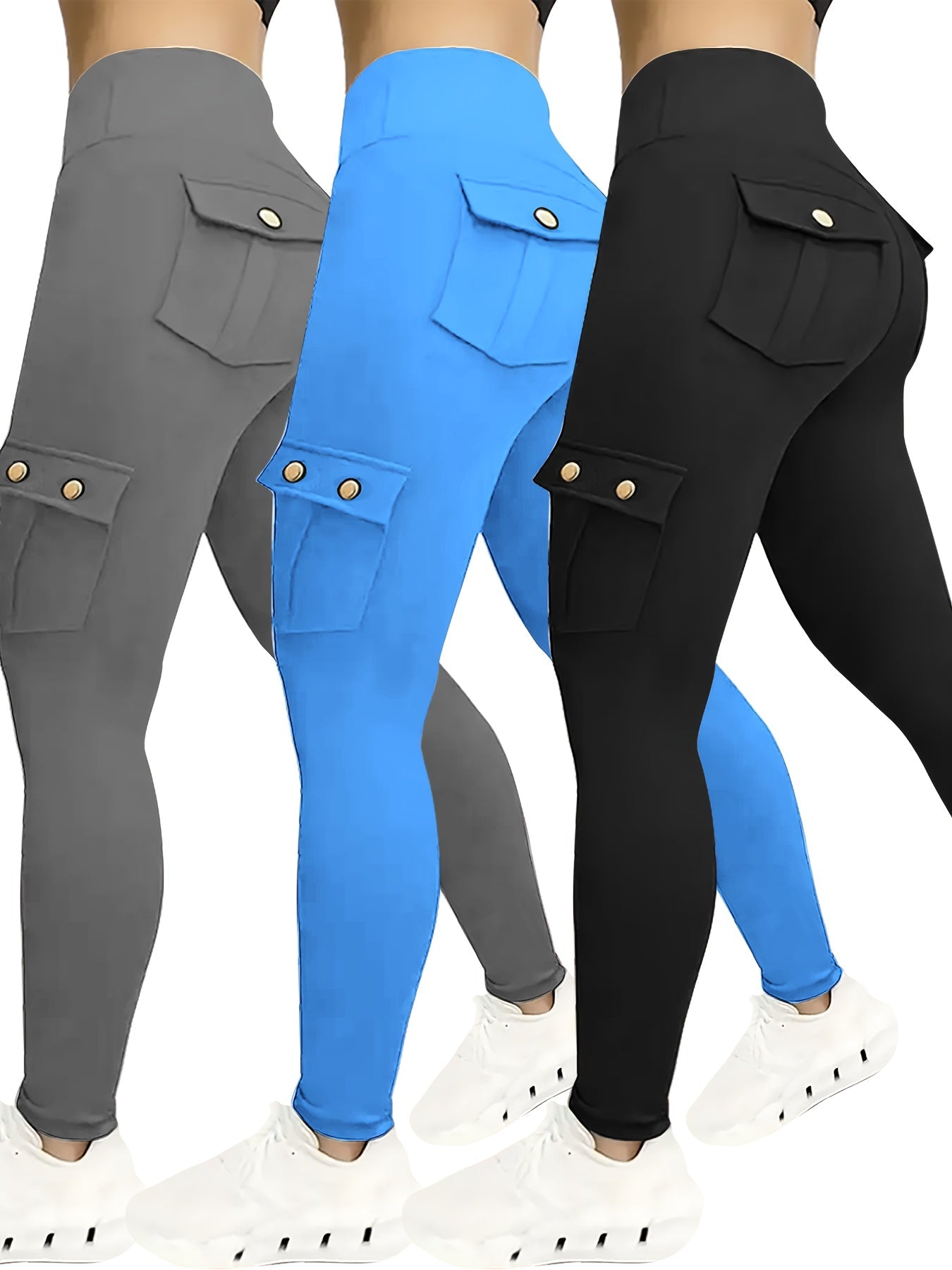 Women's Workout Leggings - Black+Blue+Burgundy Pockets – Black option – view 2