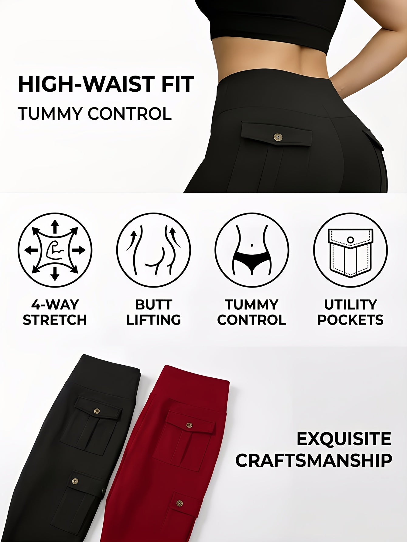 Women's Workout Leggings - Black + Pink + Blue + Red + Gray Pockets detail view