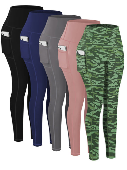 Women's Workout Leggings - Blue Leopard Print + Light Blue + Green + Wine Red + Black detail view