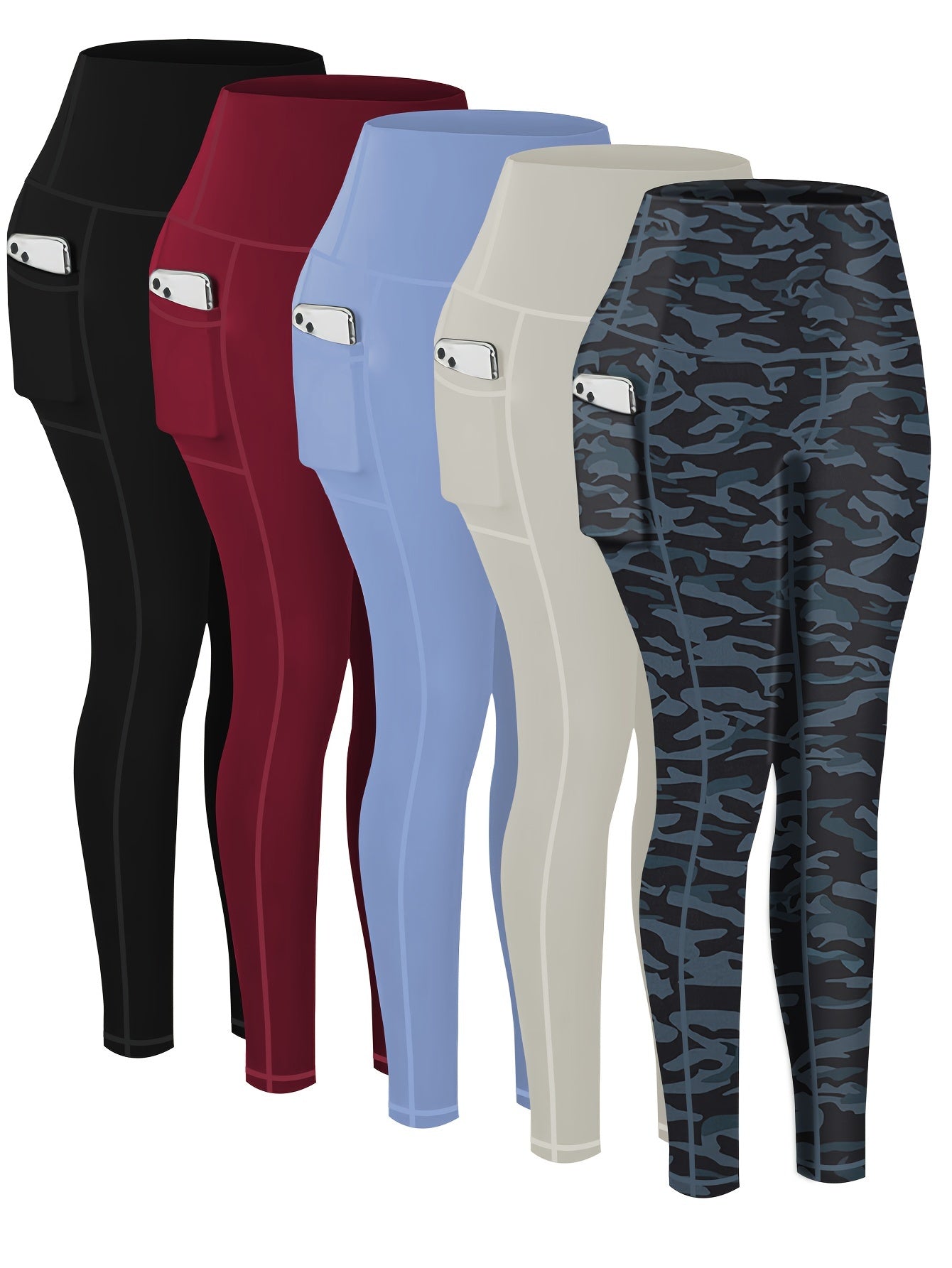 Women's Workout Leggings - Blue Leopard Print + Light Blue + Green + Wine Red + Black detail view
