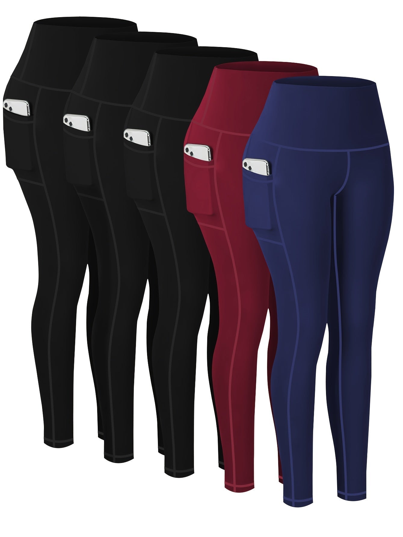 Women's Workout Leggings - Blue Leopard Print + Light Blue + Green + Wine Red + Black detail view