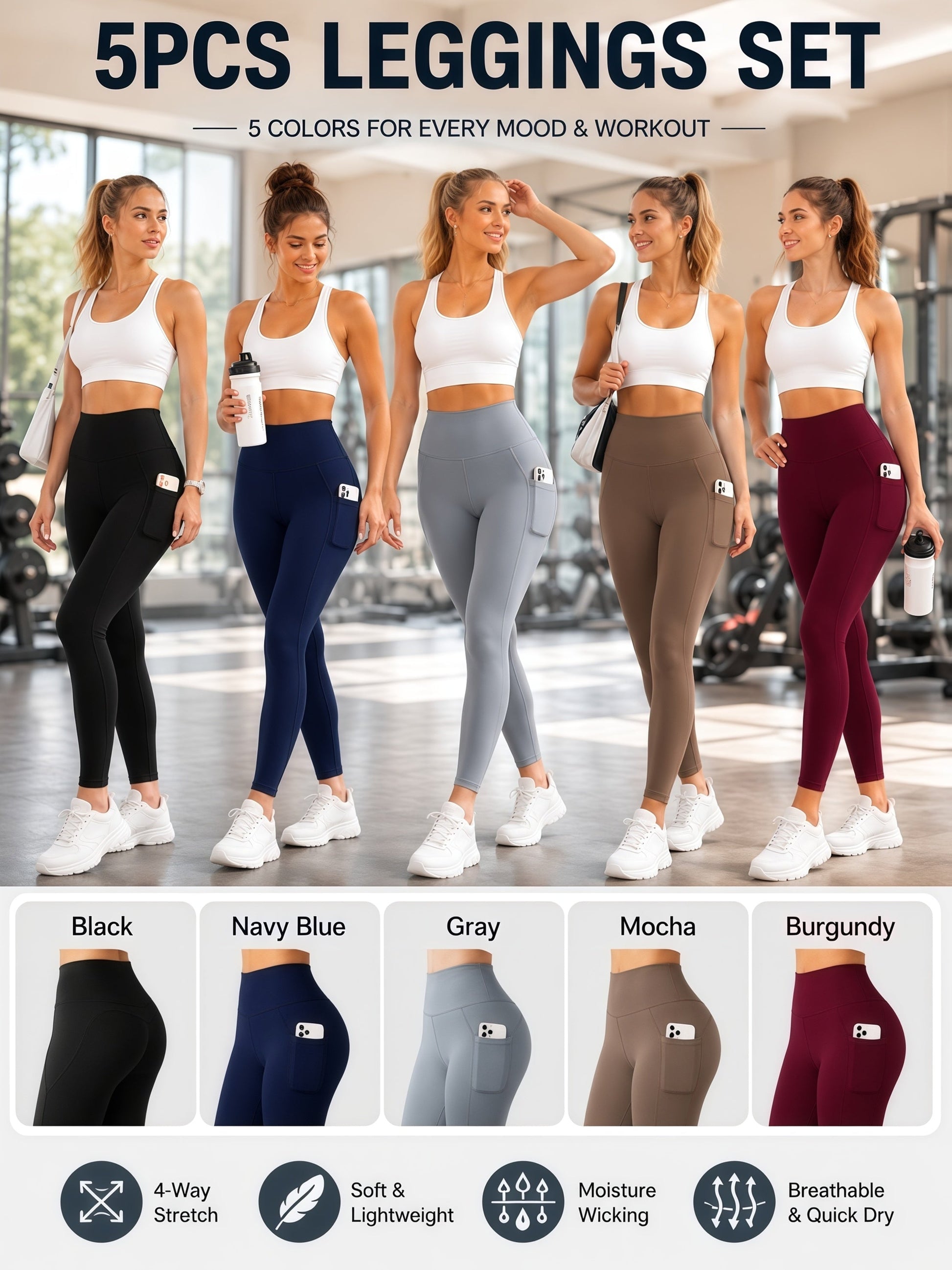 Women's Workout Leggings - Elastic Waist Stretch Fit detail view