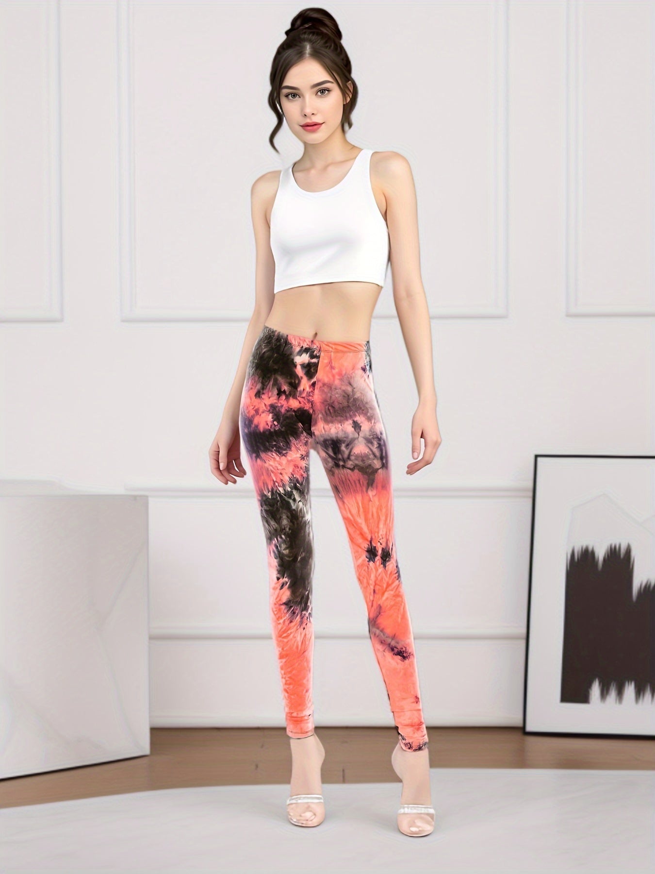 Women's Workout Leggings - Elastic Waist Tie-Dye Print detail view