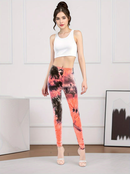 Women's Workout Leggings - Elastic Waist Tie-Dye Print detail view