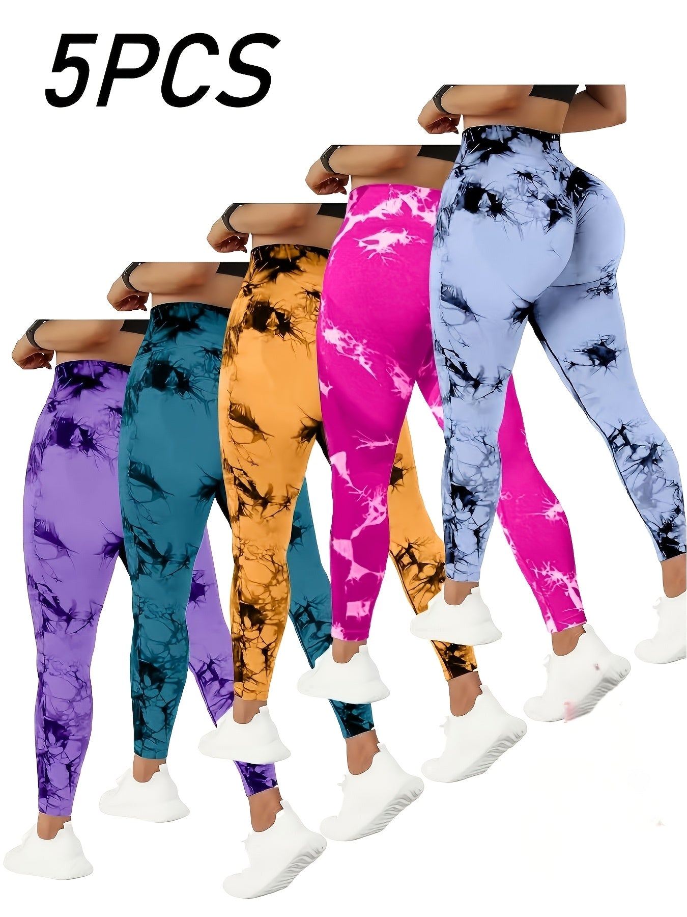 Women's Workout Leggings - High-Waist Tie-Dye Print – purple option – view 9