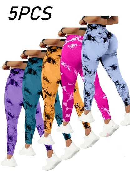 Women's Workout Leggings - High-Waist Tie-Dye Print – purple option – view 9