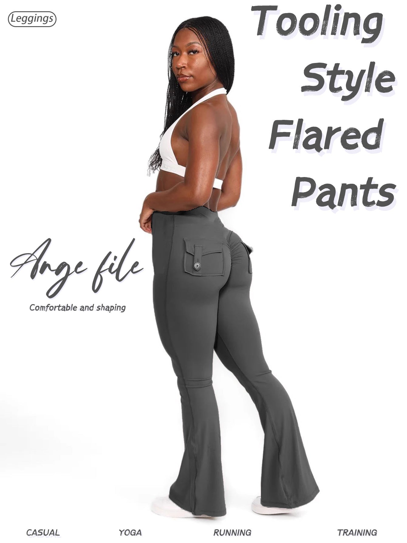 Women's Workout Leggings - Pockets Flared Fit – Grey option – view 3