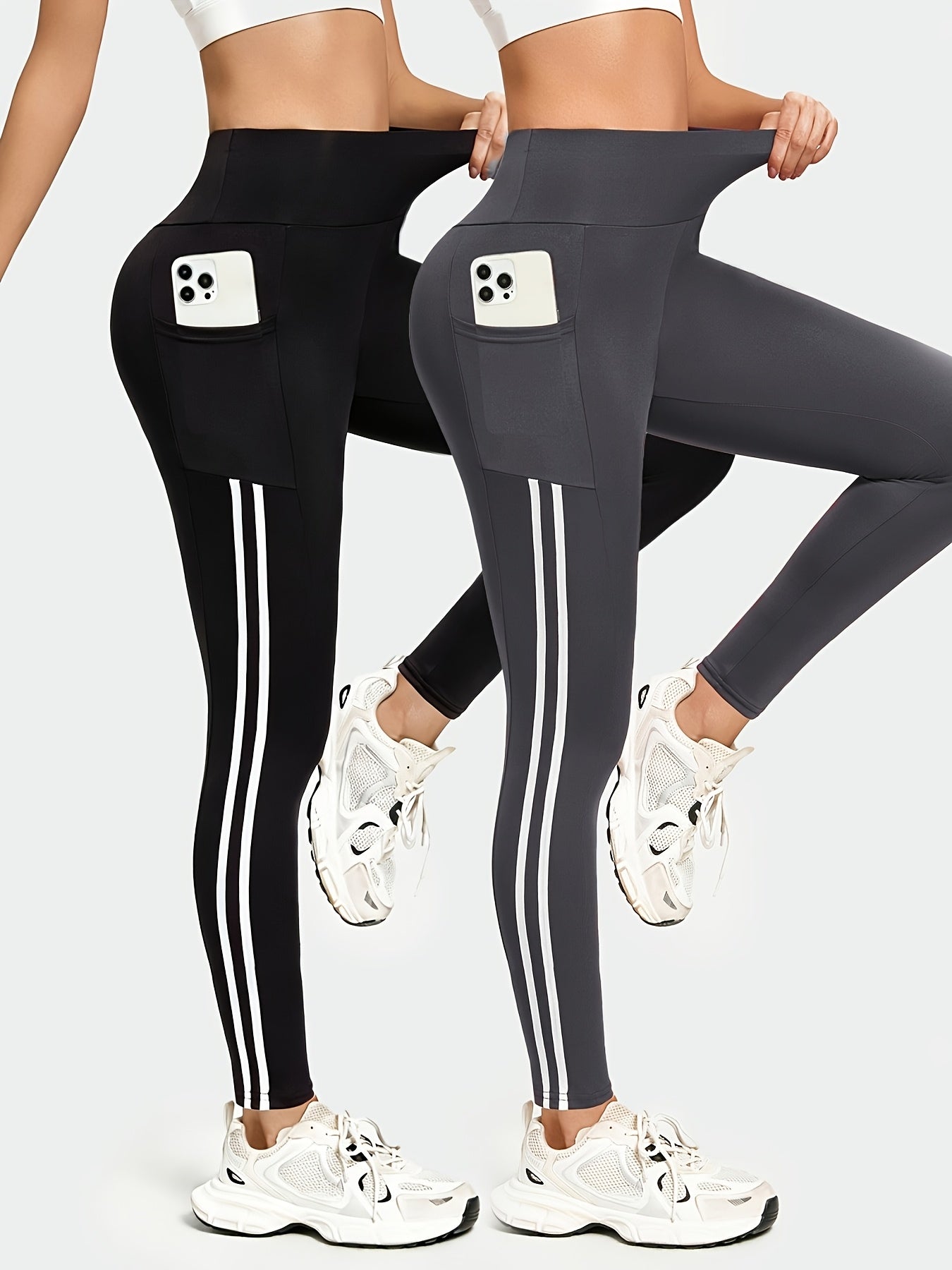 Women's Yoga Leggings 2-Pack - High Waist Double Stripe Pockets detail view