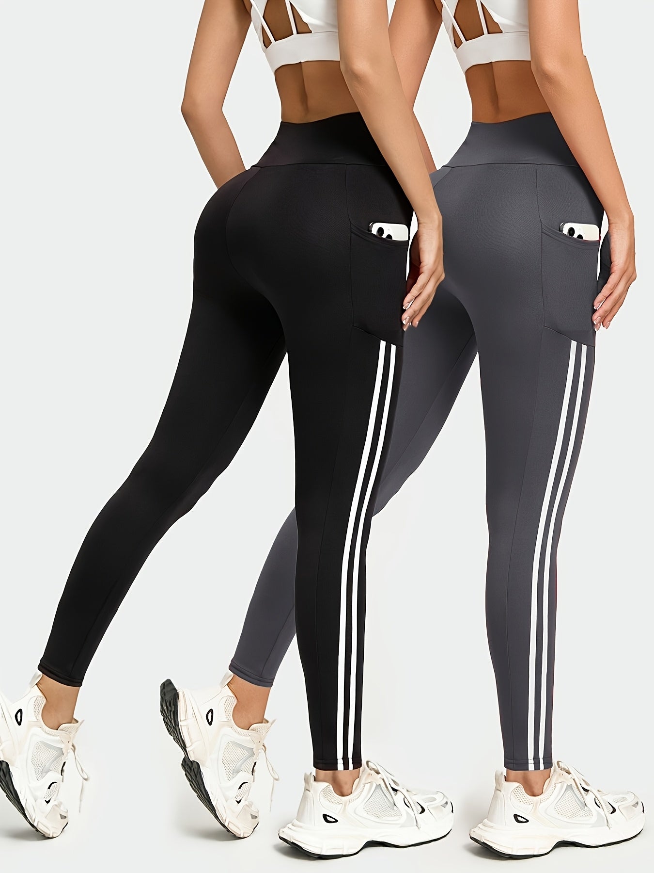 Women's Yoga Leggings 2-Pack - High Waist Double Stripe Pockets detail view
