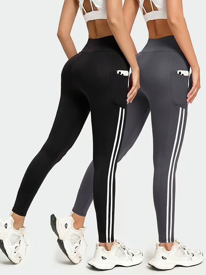 Women's Yoga Leggings 2-Pack - High Waist Double Stripe Pockets detail view