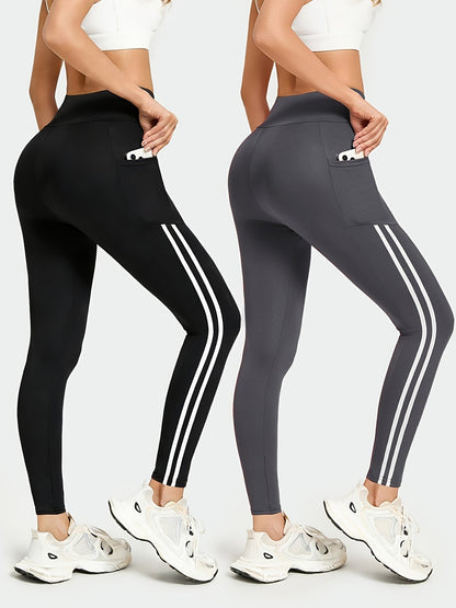 Women's Yoga Leggings 2-Pack - High Waist Double Stripe Pockets detail view