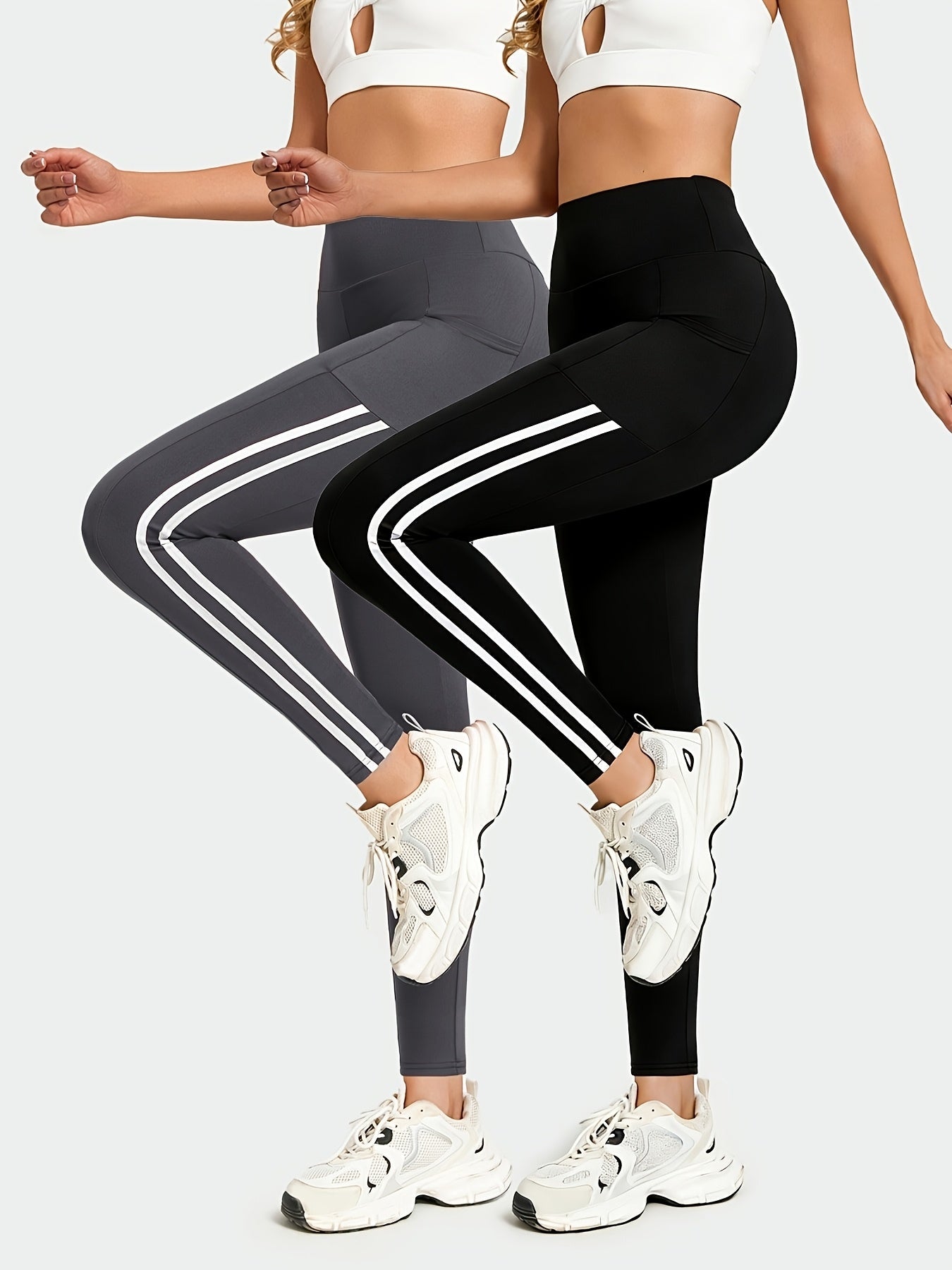 Women's Yoga Leggings 2-Pack - High Waist Double Stripe Pockets detail view