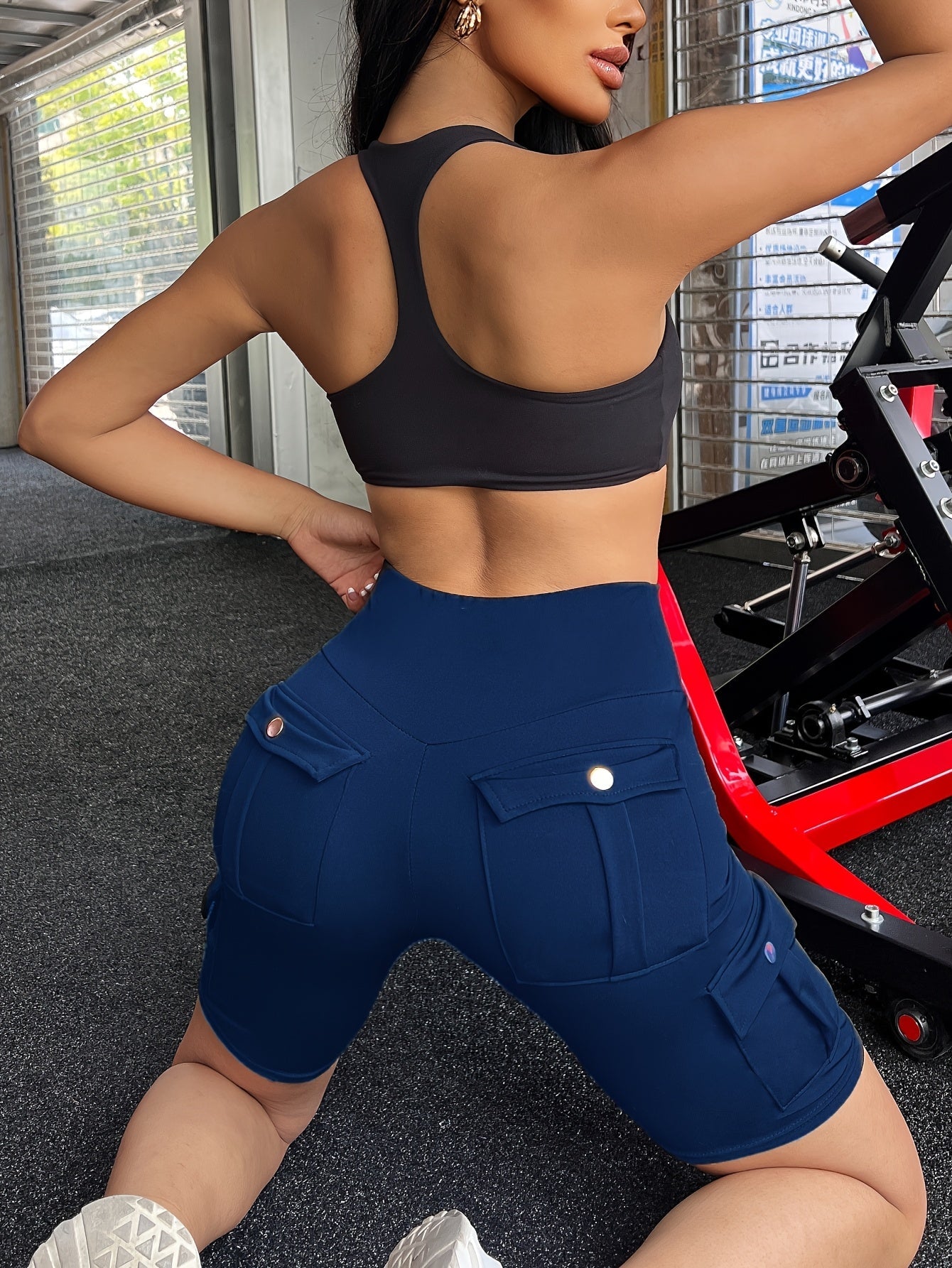 Women's Yoga Shorts - Navy Color Pockets – view 7