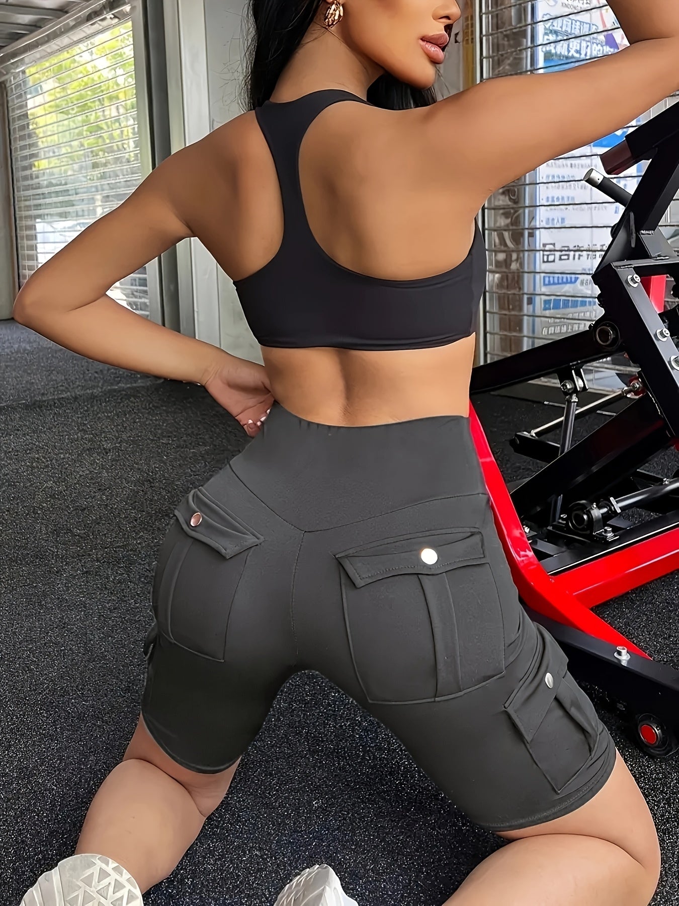 Women's Yoga Shorts - Navy Color Pockets – view 12