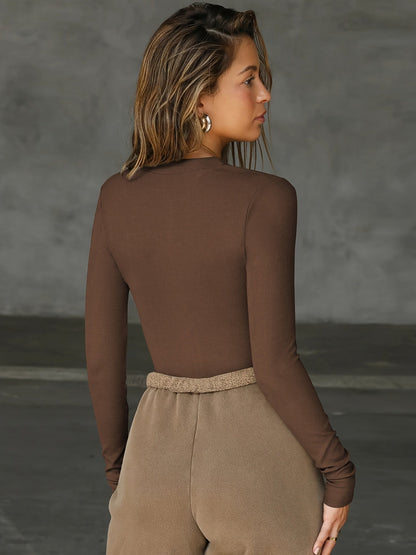 Women's Zip Front Bodysuit - Long Sleeve V-Neck detail view