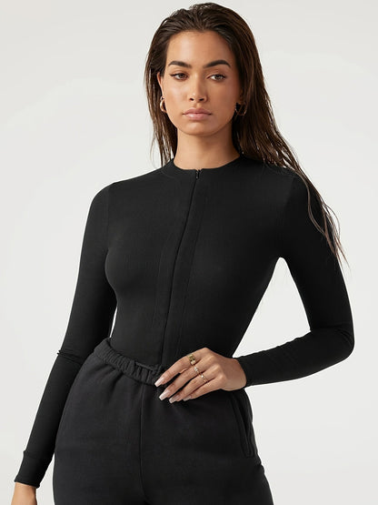 Women's Zip Front Bodysuit - Long Sleeve V-Neck detail view