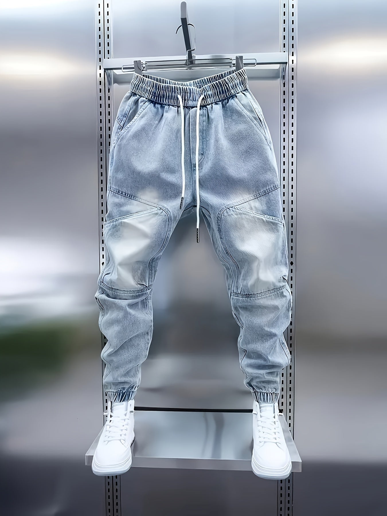 Women's light-wash denim cargo joggers with drawstring waist – view 5