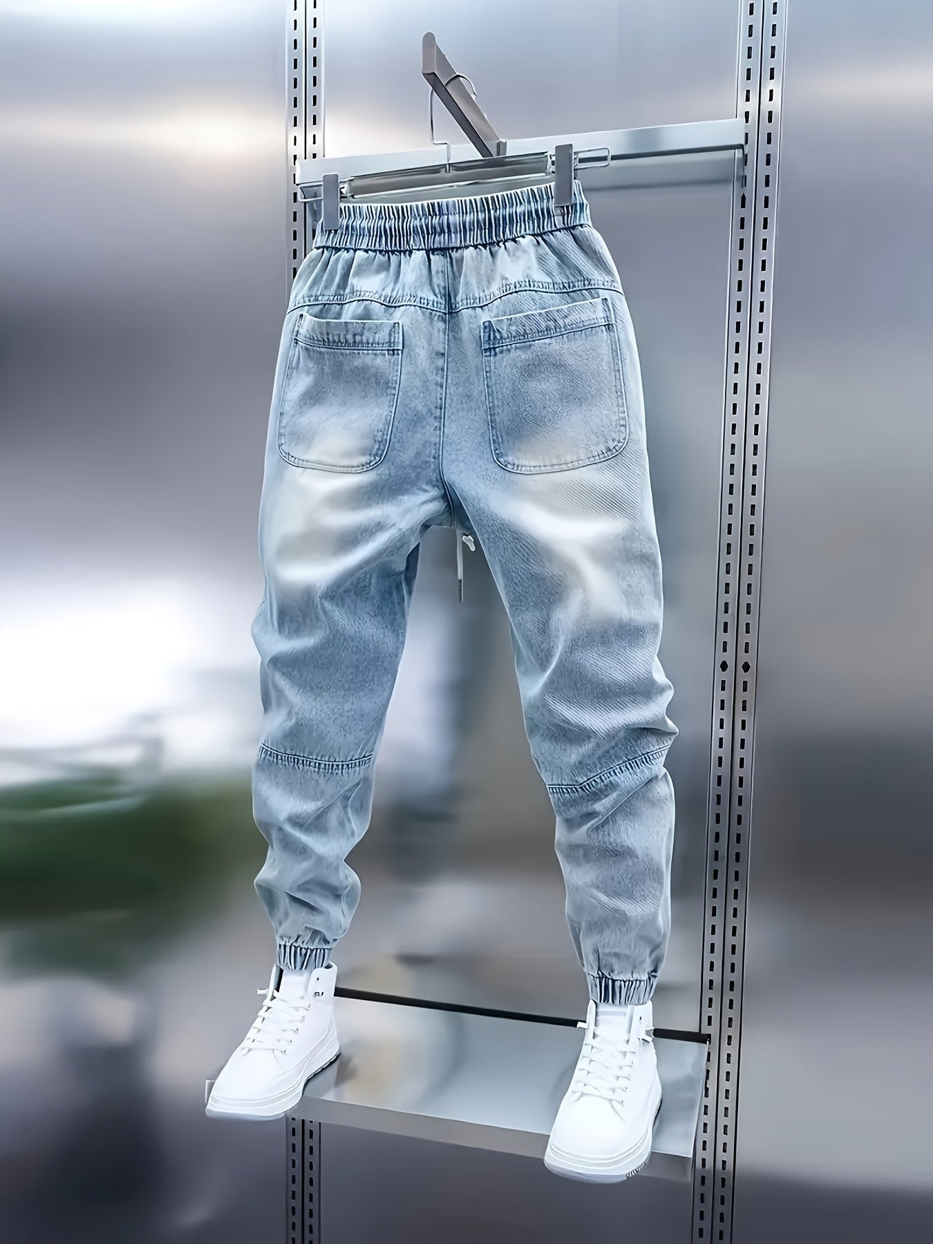 Women's light-wash denim cargo joggers with drawstring waist – view 6