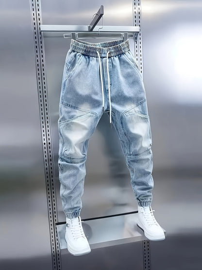 Women's light-wash denim cargo joggers with drawstring waist – view 7