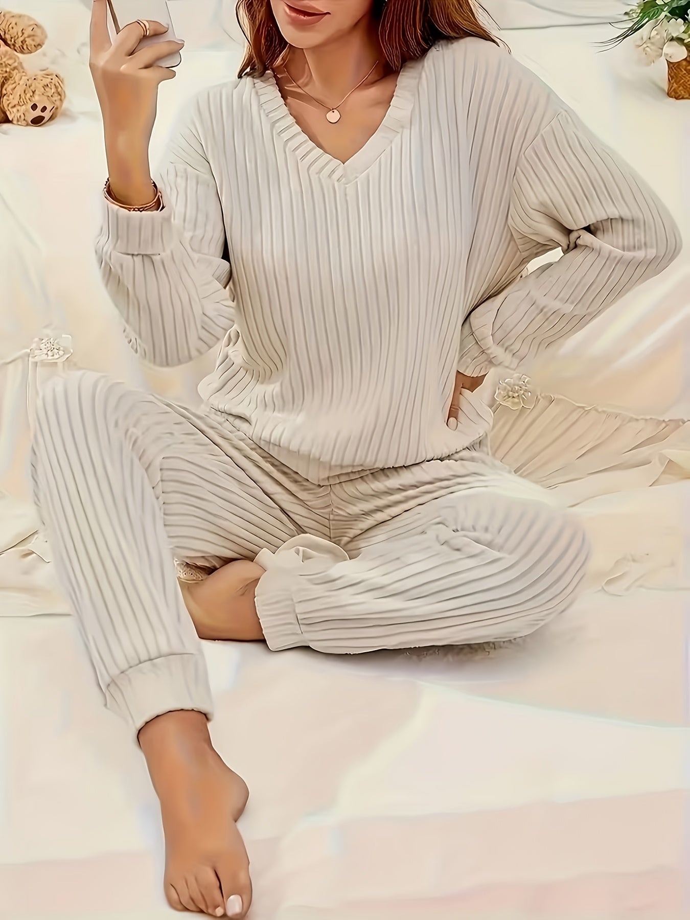 Women's ribbed V-neck top and jogger pants lounge set – view 2