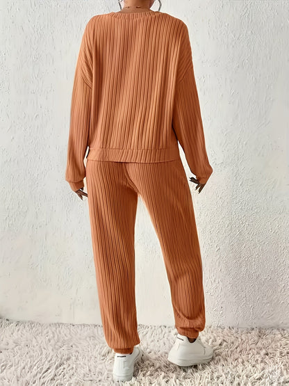 Women's ribbed V-neck top and jogger pants lounge set – view 7