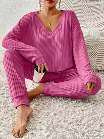 Women's ribbed V-neck top and jogger pants lounge set – view 16