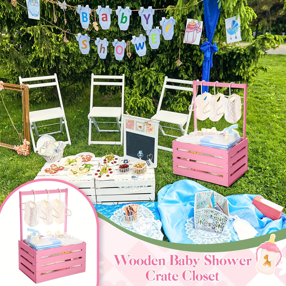 Wood Baby Shower Gift Basket - Handled Solid Wood Crate – view 2