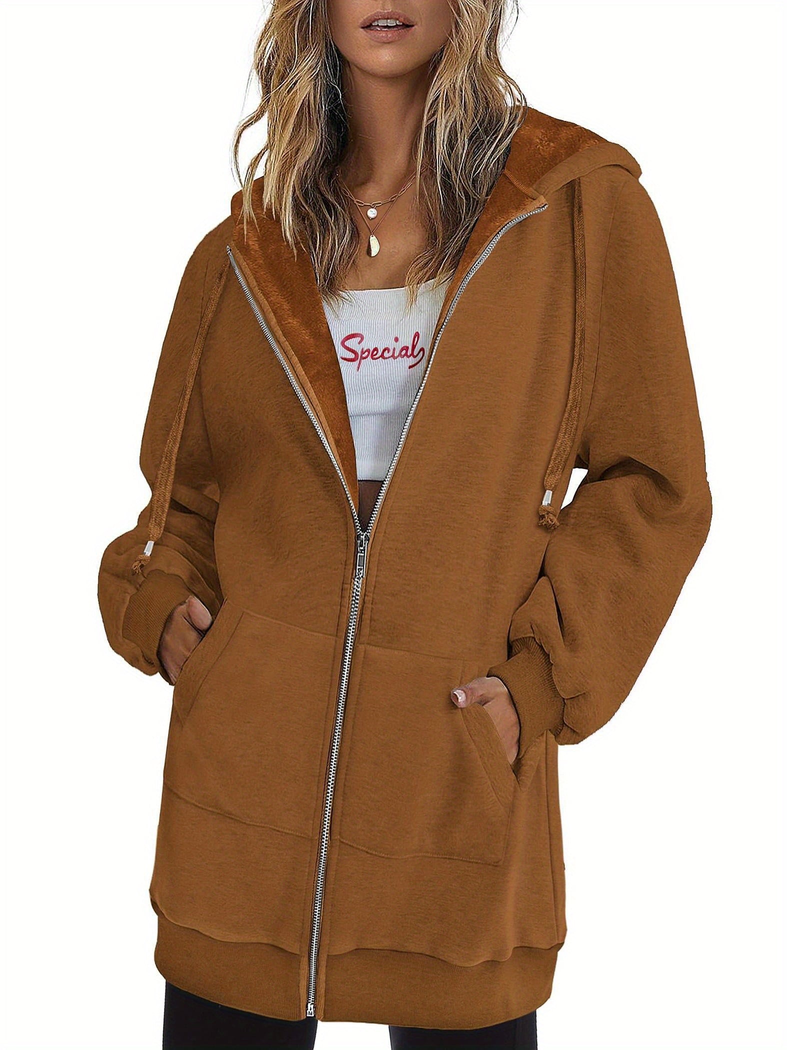 Zip Up Hoodies for Women Long Sleeve Oversized Sweatshirts Casual Jackets with detail view