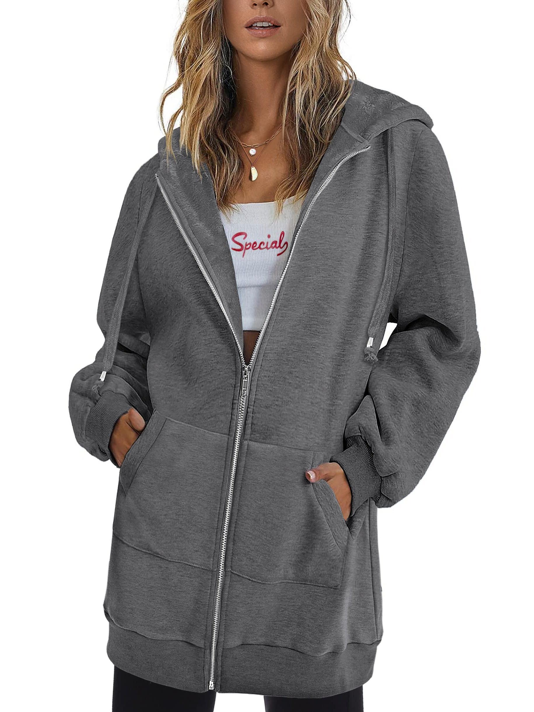 Zip Up Hoodies for Women Long Sleeve Oversized Sweatshirts Casual Jackets with detail view